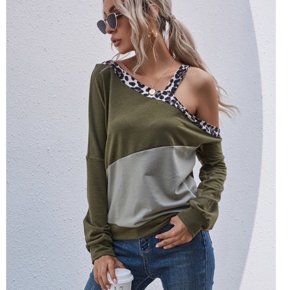 Olive & Leopard Print Peek a Boo Shoulder Top